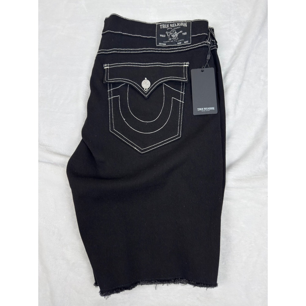 True Religion Ricky Flap Fray Relaxed Straight Black Denim Shorts Mens 40 New